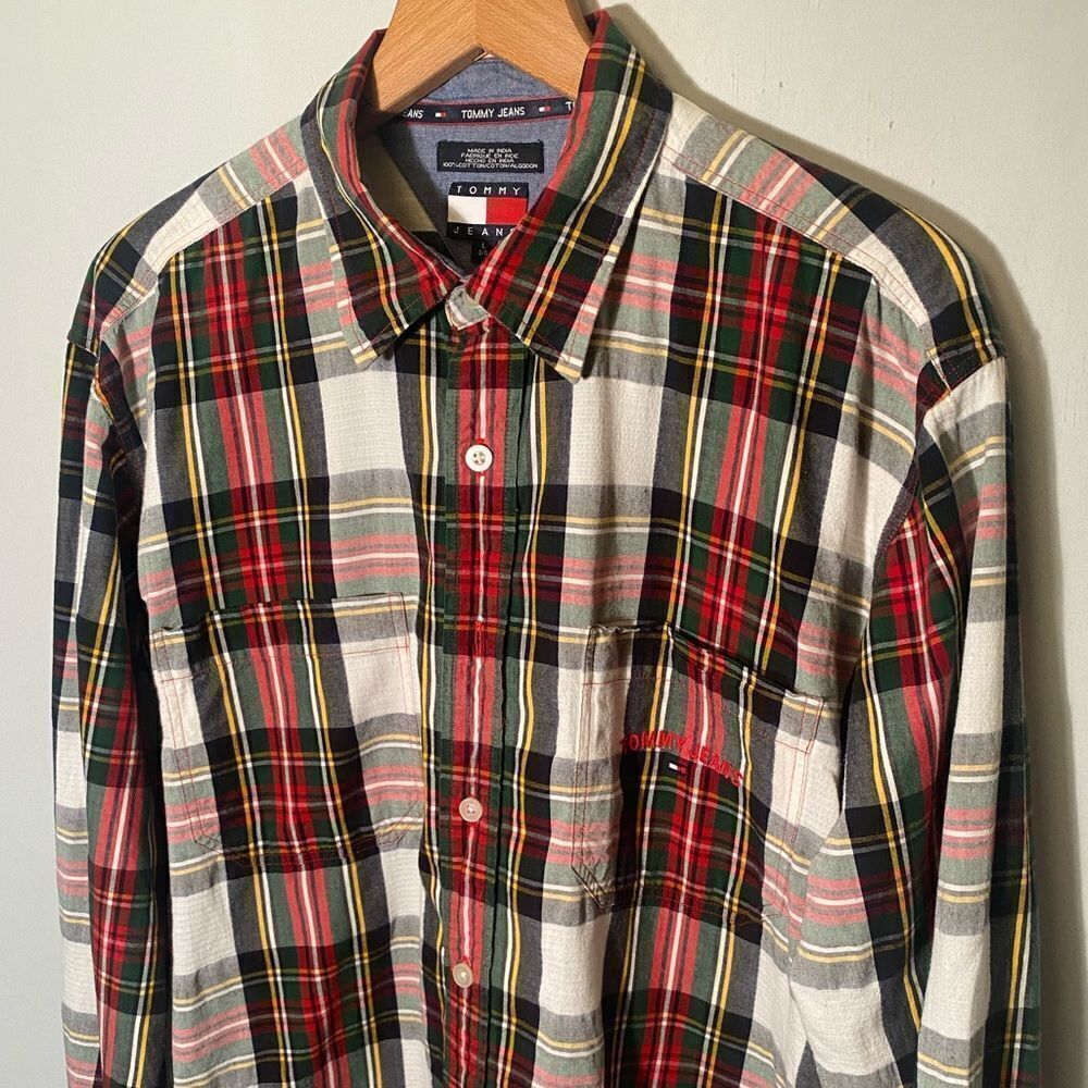 Vintage 1990s Tommy Jeans Spellout Colorblock Plaid Green Red White L/S Shirt L